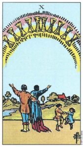 Carta del Diez de Copas del Tarot Rider Waite: una pareja abrazada mirando un arcoíris de diez copas sobre una casa y niños jugando.