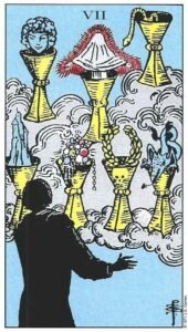 Carta del Siete de Copas del Tarot Rider Waite: silueta de un hombre frente a siete copas flotantes que contienen diversos símbolos ilusorios.