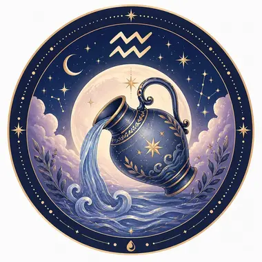 Ilustración circular del signo Acuario con una jarra de cerámica azul vertiendo agua bajo una luna llena y estrellas.