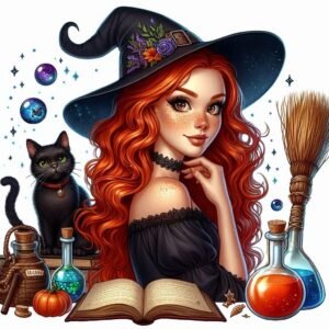 Bruja con sombrero y libro de hechizos, ilustración del horóscopo mensual