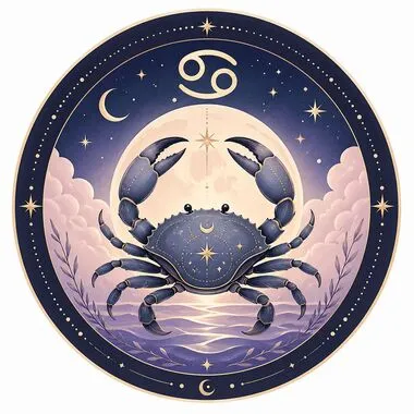 Ilustración mística del signo Cáncer con un cangrejo azul decorado con estrellas frente a una luna llena sobre el mar.