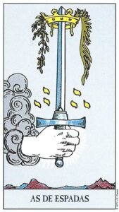 Carta del As de Espadas del Tarot Rider Waite: una mano divina surgiendo de una nube que sostiene una espada con una corona y ramas de olivo y palma.