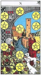 Carta del Diez de Oros del Tarot Rider Waite: un anciano sentado con dos perros a sus pies, mientras una pareja y un niño conversan bajo un arco decorado con diez monedas de oro.