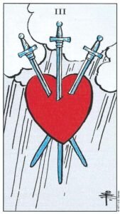 Carta del Tres de Espadas del Tarot Rider Waite: un corazón rojo atravesado por tres espadas bajo una lluvia gris.
