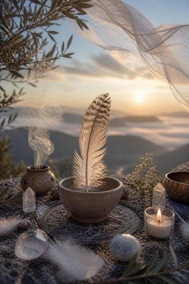 Altar ritual de aire con pluma, cristales y vela sobre paisaje montañoso al atardecer