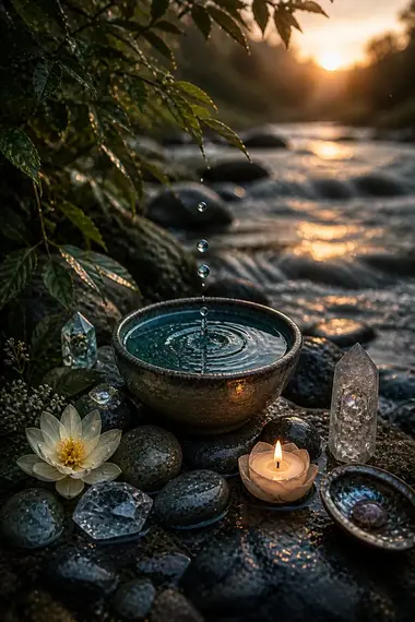 Altar ritual de agua con cuenco, velas y piedras junto a un arroyo al atardecer