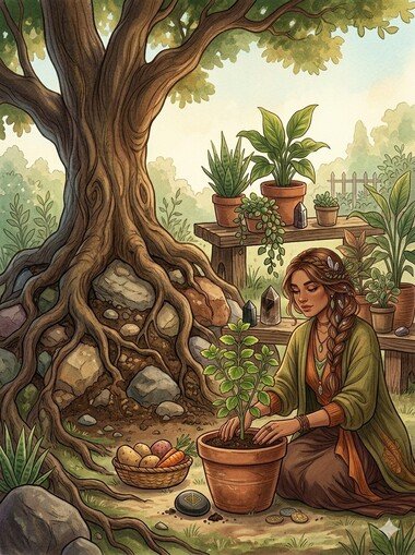 Rituales de Tierra para la Estabilidad - Un diseño de cartel ilustrado con una bruja moderna cuidando plantas
