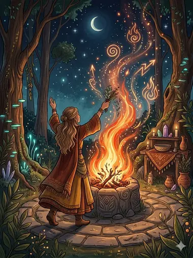 Una ilustración de estilo místico que muestra a una persona frente a una fogata ceremonial en un bosque nocturno, con chispas mágicas que forman símbolos de acción y movimiento bajo la luna creciente.