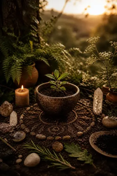 Altar ritual de tierra con planta, piedras y cristais sobre suelo natural al atardecer