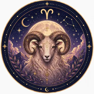Ilustración mística del signo Aries con un carnero de grandes cuernos frente a una luna llena y montañas nocturnas.