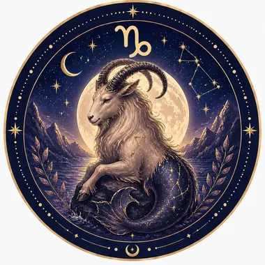 Ilustración mística del signo Capricornio con una cabra marina sobre rocas frente a una luna llena y montañas nocturnas.