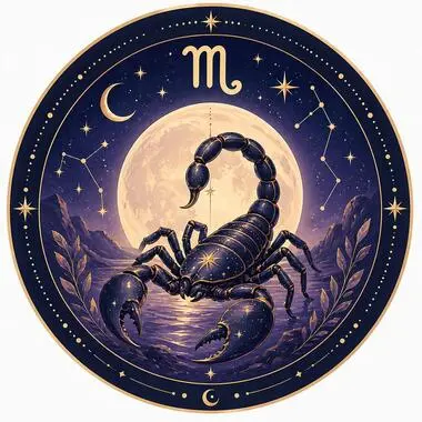 Ilustración mística del signo Escorpio con un escorpión oscuro decorado con estrellas frente a una luna llena y un mar nocturno.
