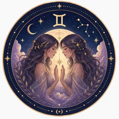 Ilustración mística del signo Géminis con dos mujeres gemelas de perfil frente a una luna llena y un cielo estrellado.