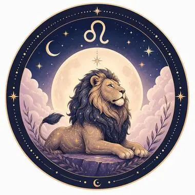 Ilustración mística del signo Leo con un león majestuoso sentado sobre una roca frente a una luna llena y un cielo estrellado.