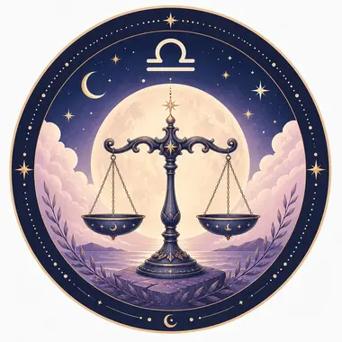 Ilustración mística del signo Libra con una balanza antigua de hierro ornamentada frente a una luna llena y nubes púrpuras.