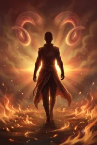Ascendente en Aries, figura envuelta en llamas doradas junto al amanecer, símbolo de valentía y nuevos comienzos
