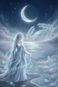 Ascendente en Cáncer, figura protectora junto a aguas iluminadas por la luna, símbolo de sensibilidad e intuición