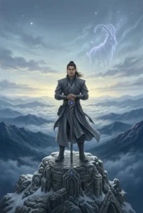 Ascendente en Capricornio, figura firme en la cima de una montaña al amanecer, símbolo de disciplina y ambición