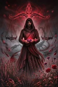 Ascendente en Escorpio, figura envuelta en sombras y luz intensa, símbolo de magnetismo y profundidad