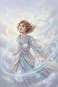 Ascendente en Géminis, figura envuelta en corrientes de aire y luz plateada, símbolo de curiosidad y dualidad