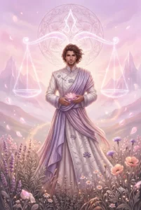 Ascendente en Libra, figura elegante junto a una balanza de luz y pétalos flotantes, símbolo de armonía y equilibrio