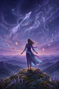 Ascendente en Sagitario, figura mirando hacia un horizonte amplio bajo un cielo estrellado, símbolo de libertad y aventura