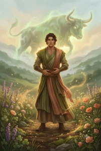 Ascendente en Tauro, figura serena entre flores y tierra fértil bajo luz dorada, símbolo de estabilidad y calma