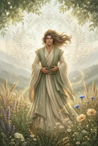 Ascendente en Virgo, figura serena entre hierbas y trigo dorado, símbolo de precisión y cuidado