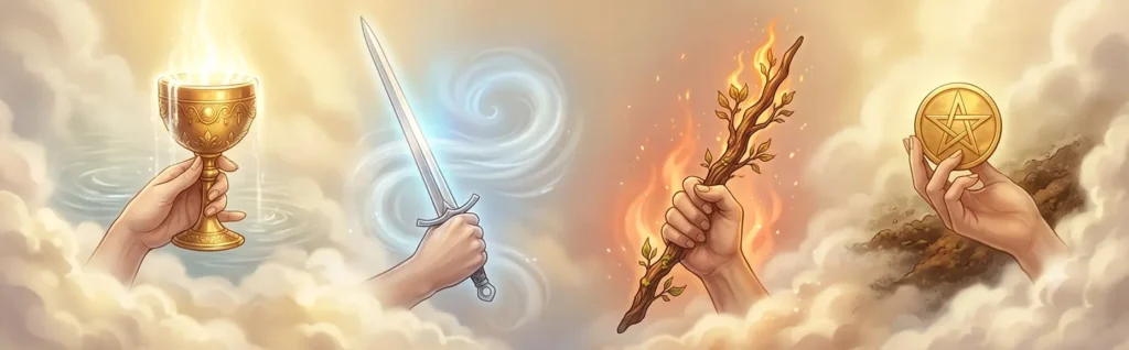 Los cuatro palos del Tarot: Copas, Espadas, Bastos y Oros representando los elementos agua, aire, fuego y tierra
