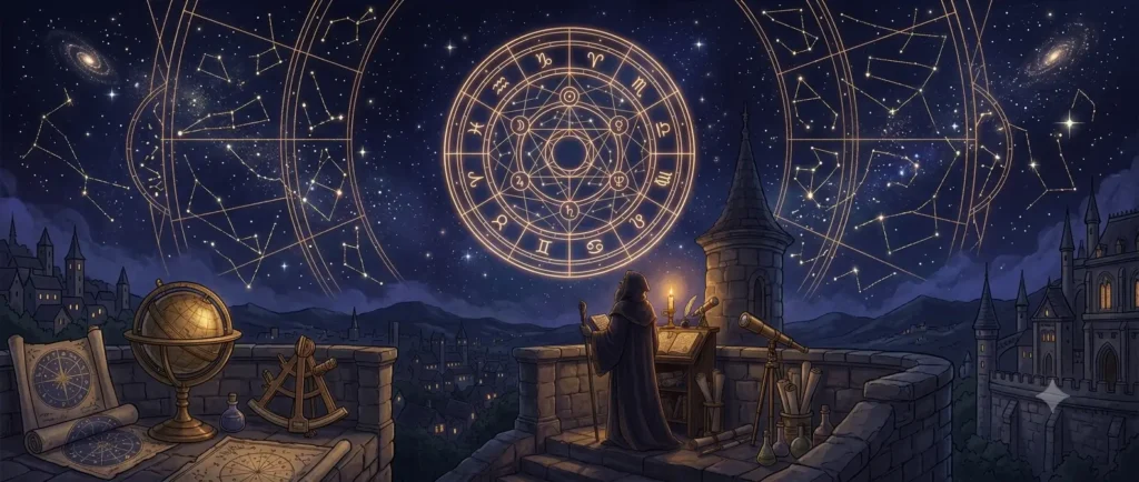 Guía para interpretar la Carta Astral, rueda astrológica dorada brillando en el cielo nocturno, símbolo de sabiduría cósmica